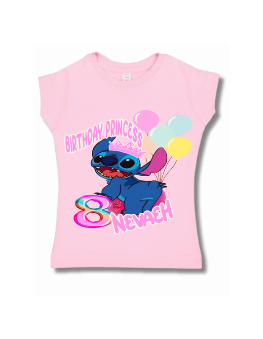 Personalized Youth Girls' Stitch Birthday Princess T-Shirt - Custom Age & Name